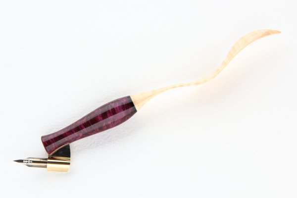 Oblique pen holder with carved tail, made of Stabilized Maple Burl, Gabon Ebony and Curly Sycamore Maple