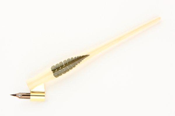 Oblique pen holder made of American Holly wood with a pressed fern leaf inlay