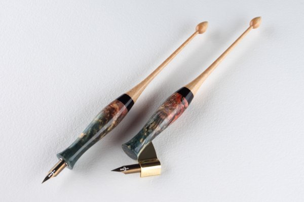 Set of pen holders made of stabilized Maple Burl, curly Sycamore Maple and Gabon Ebony wood.