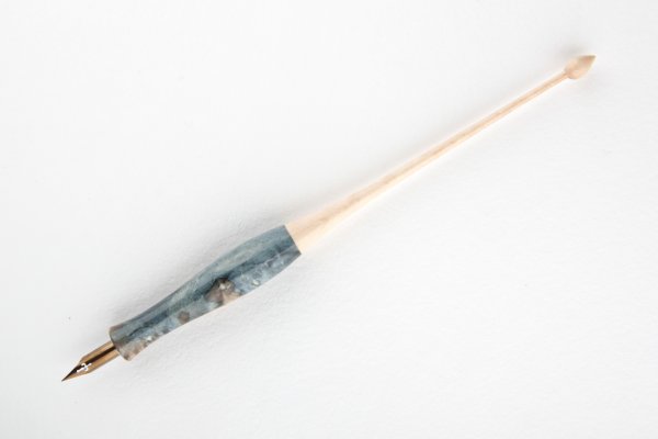 Straight pen holder made of stabilized Maple Burl and curly Sycamore Maple wood.