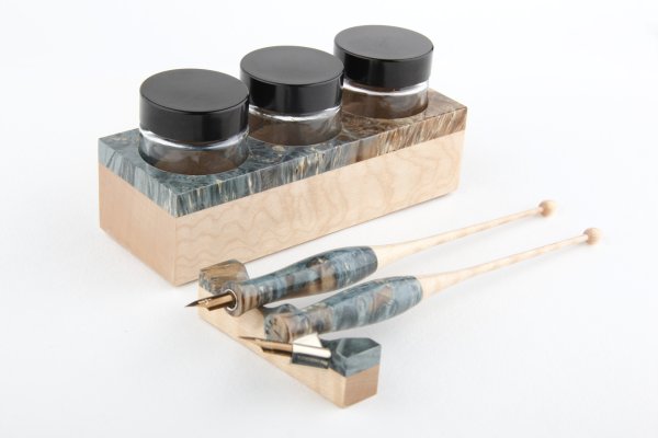Calligraphy set made of stabilized maple burl and curly Sycamore Maple wood.