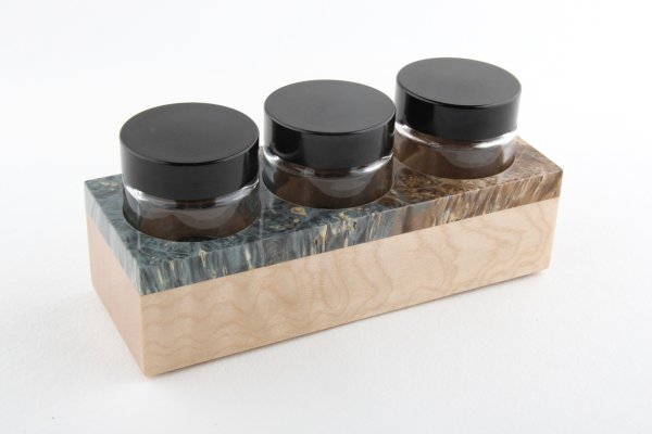 Inkwell made of stabilized Maple Burl and curly Sycamore Maple wood.